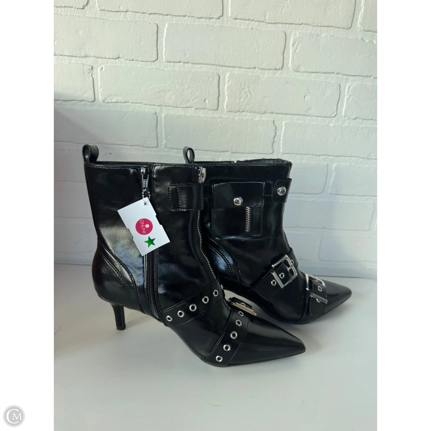 Boots Mid-calf Heels By Clothes Mentor In Black & Silver, Size: 8.5