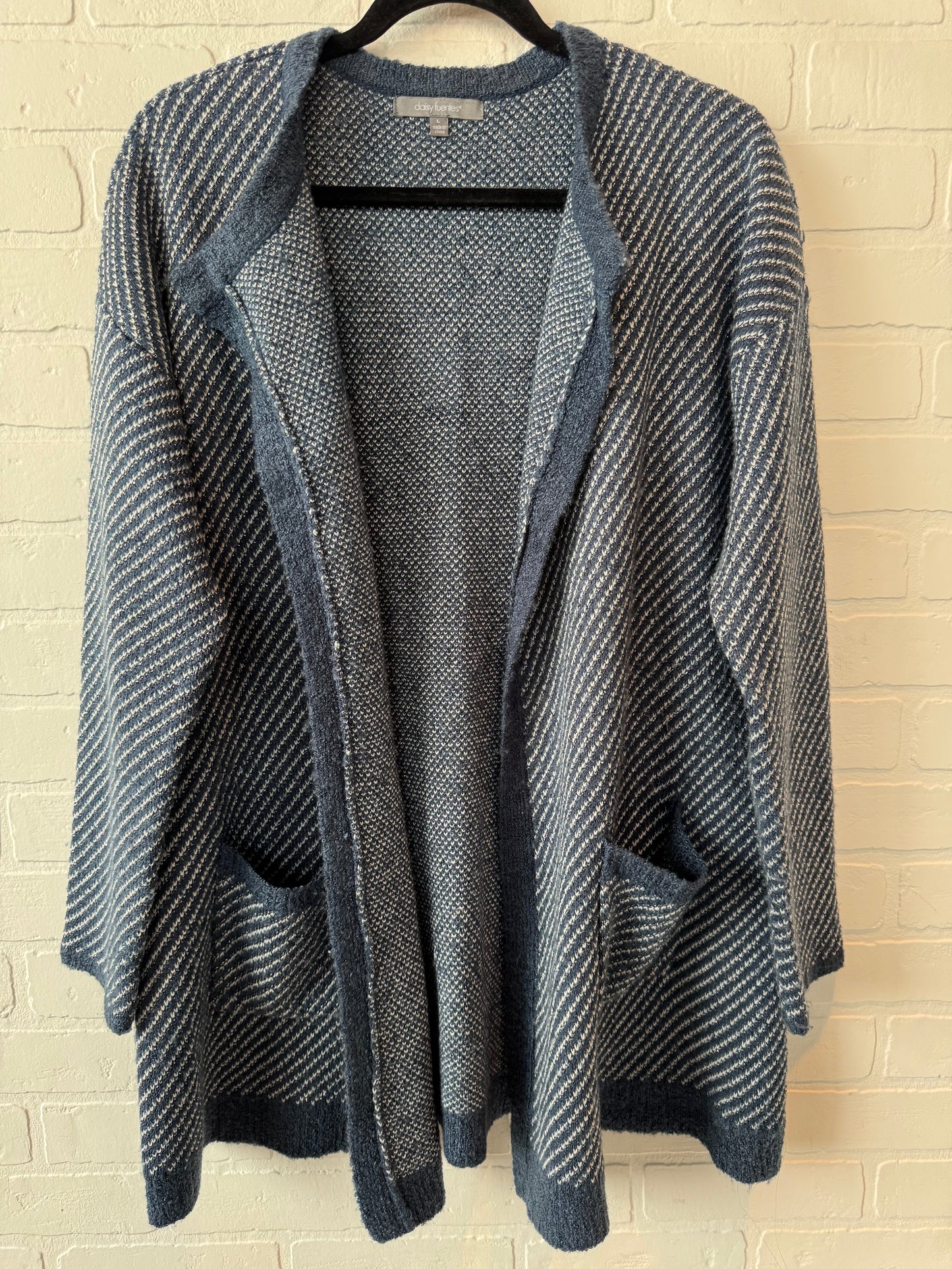 Sweater Cardigan By Daisy Fuentes In Blue & White, Size: L