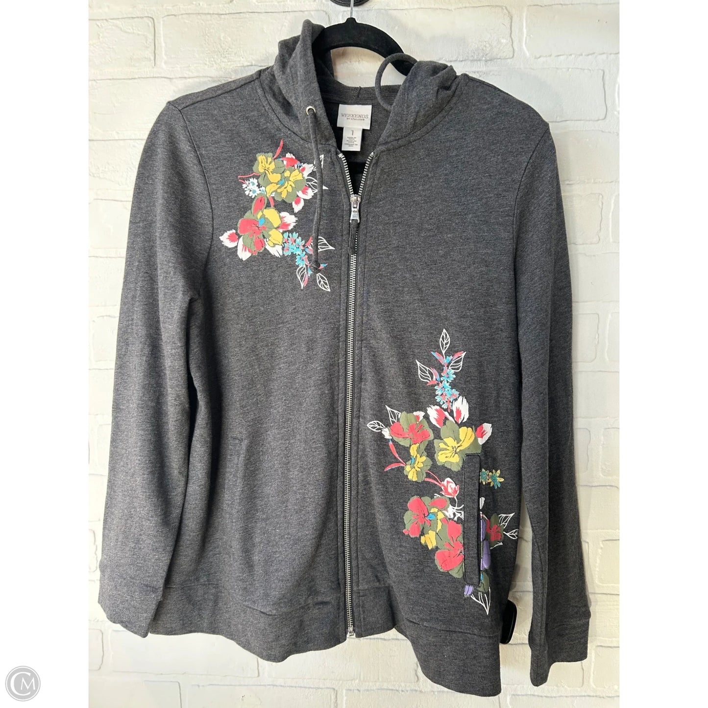 Sweatshirt Hoodie By Chicos In Grey & White, Size: M