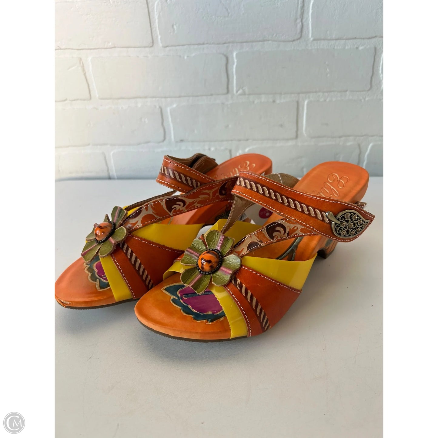 Sandals Heels Block By ELITE - CAMDEN In Orange & Yellow, Size: 9