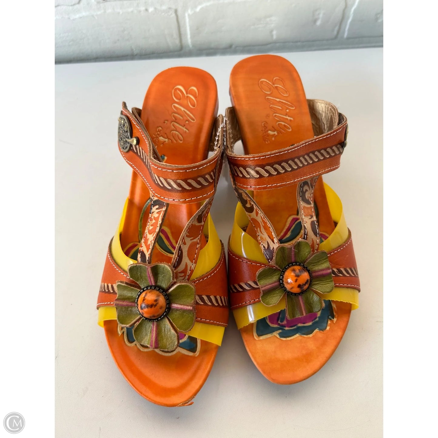 Sandals Heels Block By ELITE - CAMDEN In Orange & Yellow, Size: 9