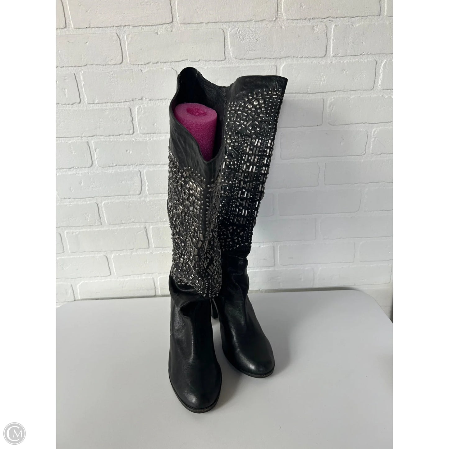 Boots Knee Heels By Cmc In Black & Silver, Size: 10