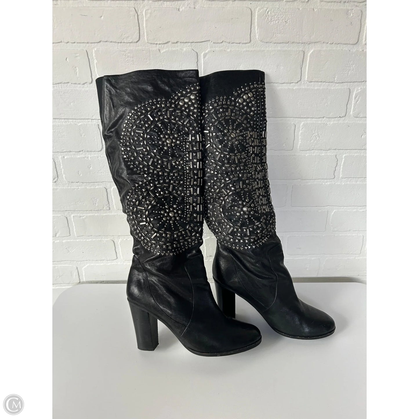 Boots Knee Heels By Cmc In Black & Silver, Size: 10