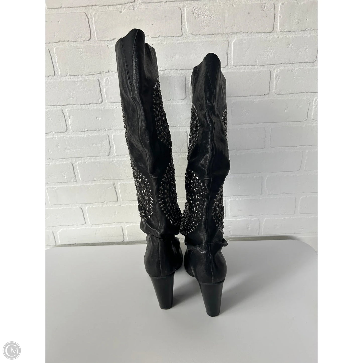 Boots Knee Heels By Cmc In Black & Silver, Size: 10