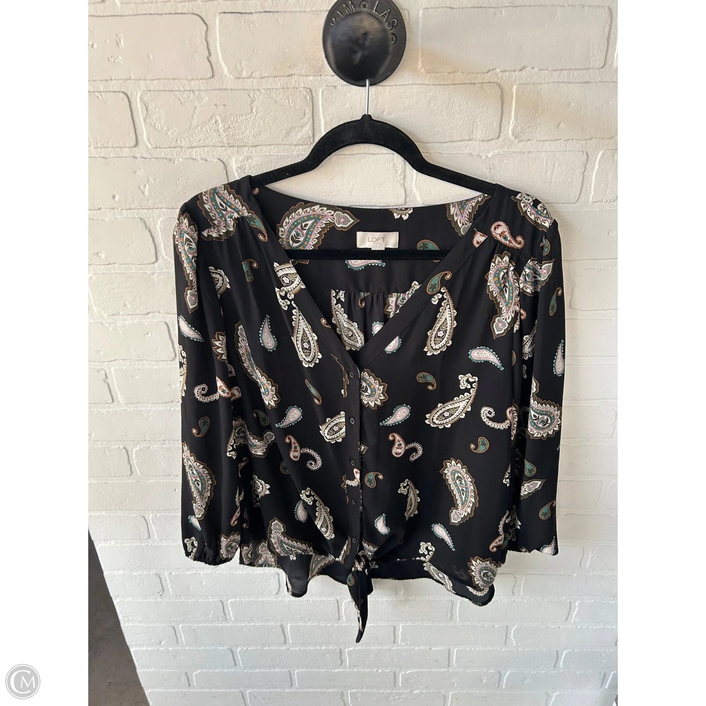Blouse Long Sleeve By Loft In Black & Cream, Size: L
