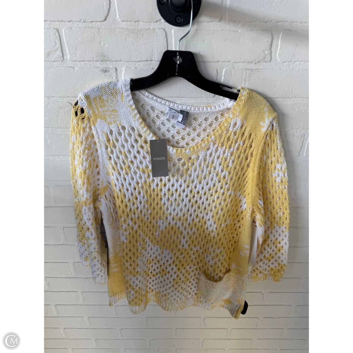 Sweater By Chicos In White & Yellow, Size: Xl
