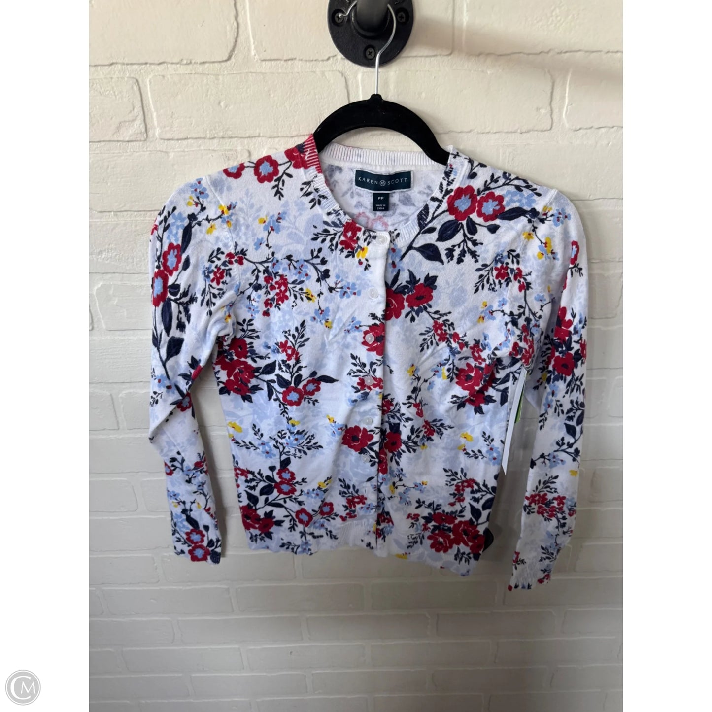 Sweater Cardigan By Karen Scott In Blue & Red & White, Size: Xsp