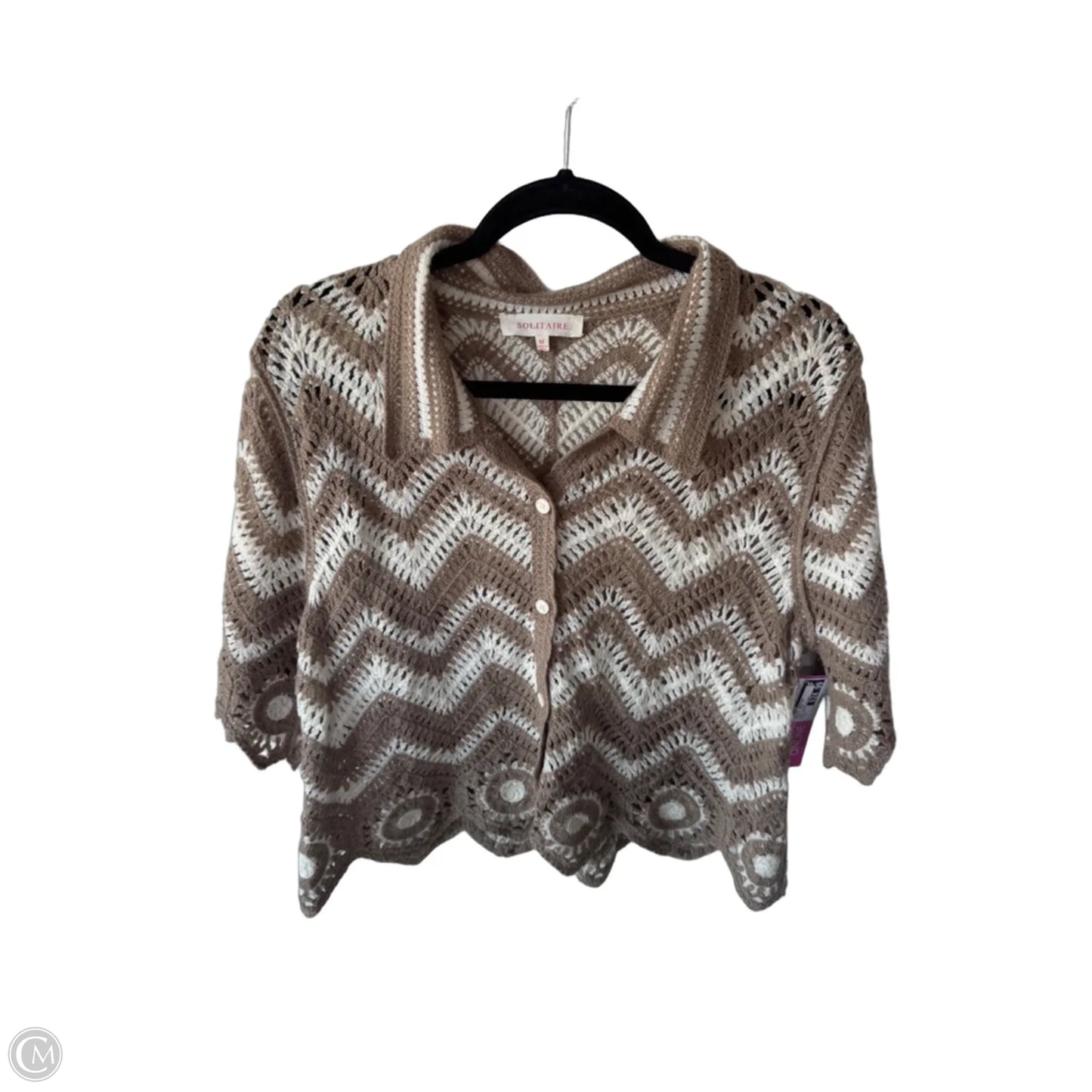 Sweater Cardigan By Solitaire In Brown & Cream, Size: M