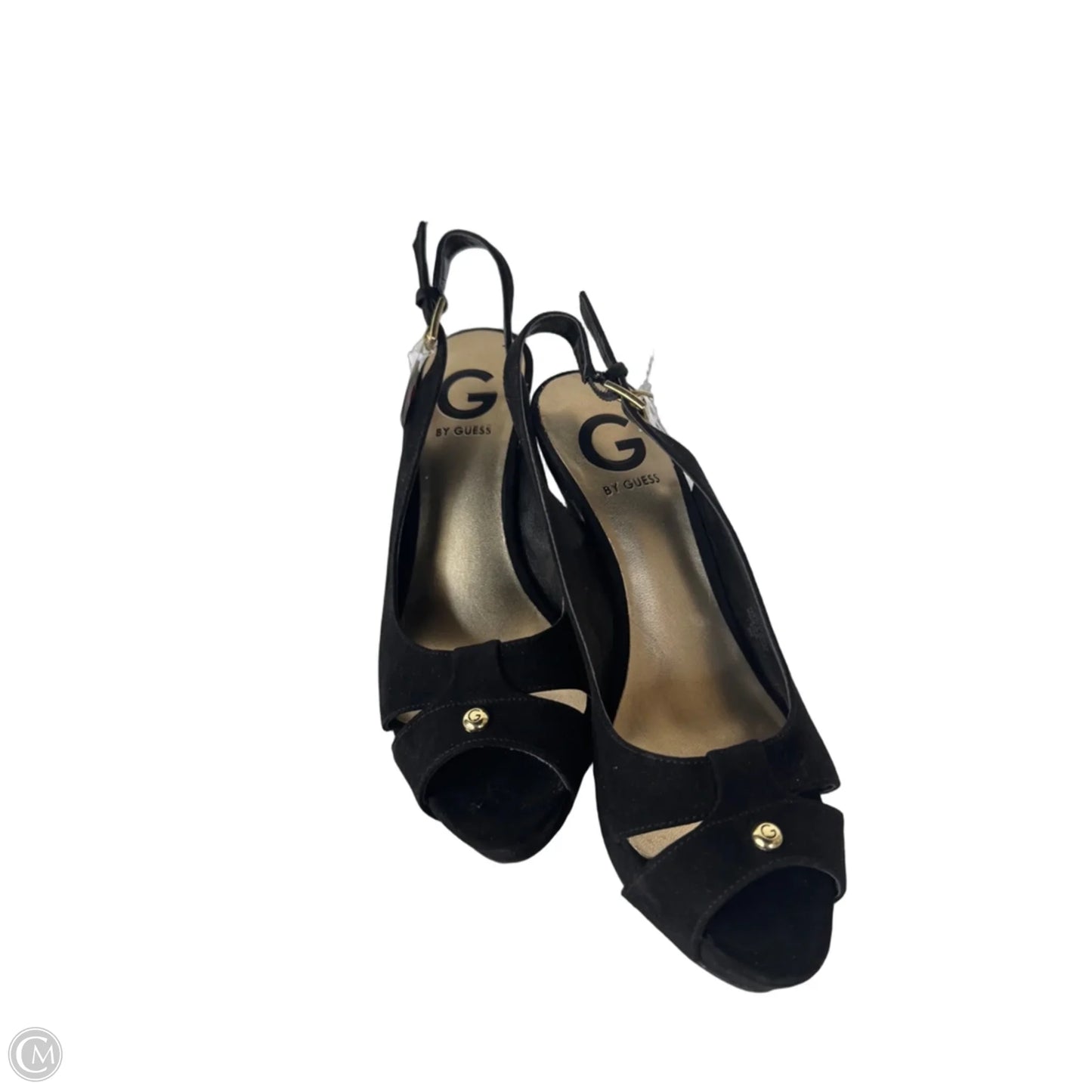 Sandals Heels Stiletto By Guess In Black & Gold, Size: 6.5