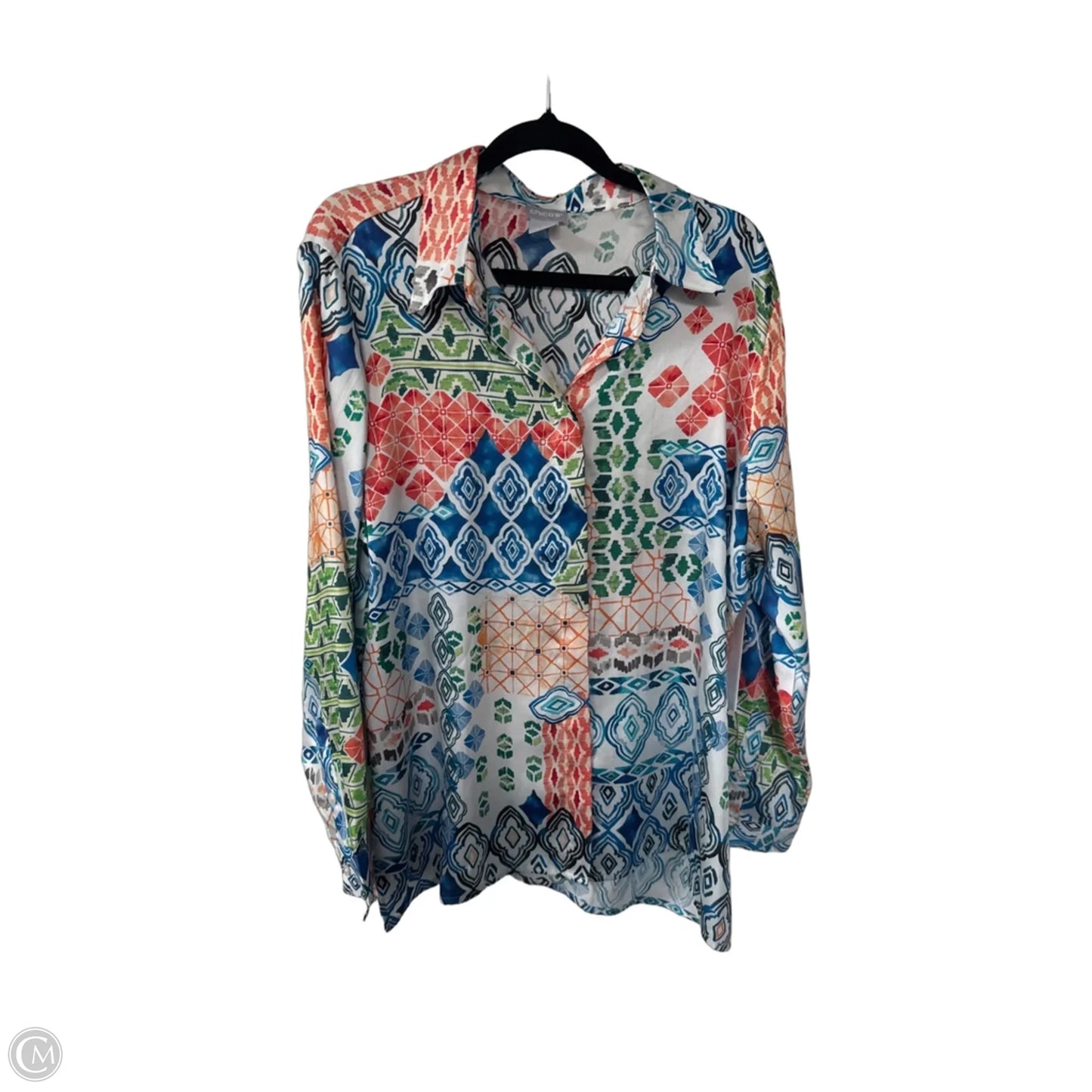 Blouse Long Sleeve By Chicos In Orange & White, Size: L