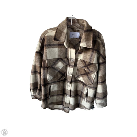 Jacket Shirt By Stradivarius In Brown & Cream, Size: M