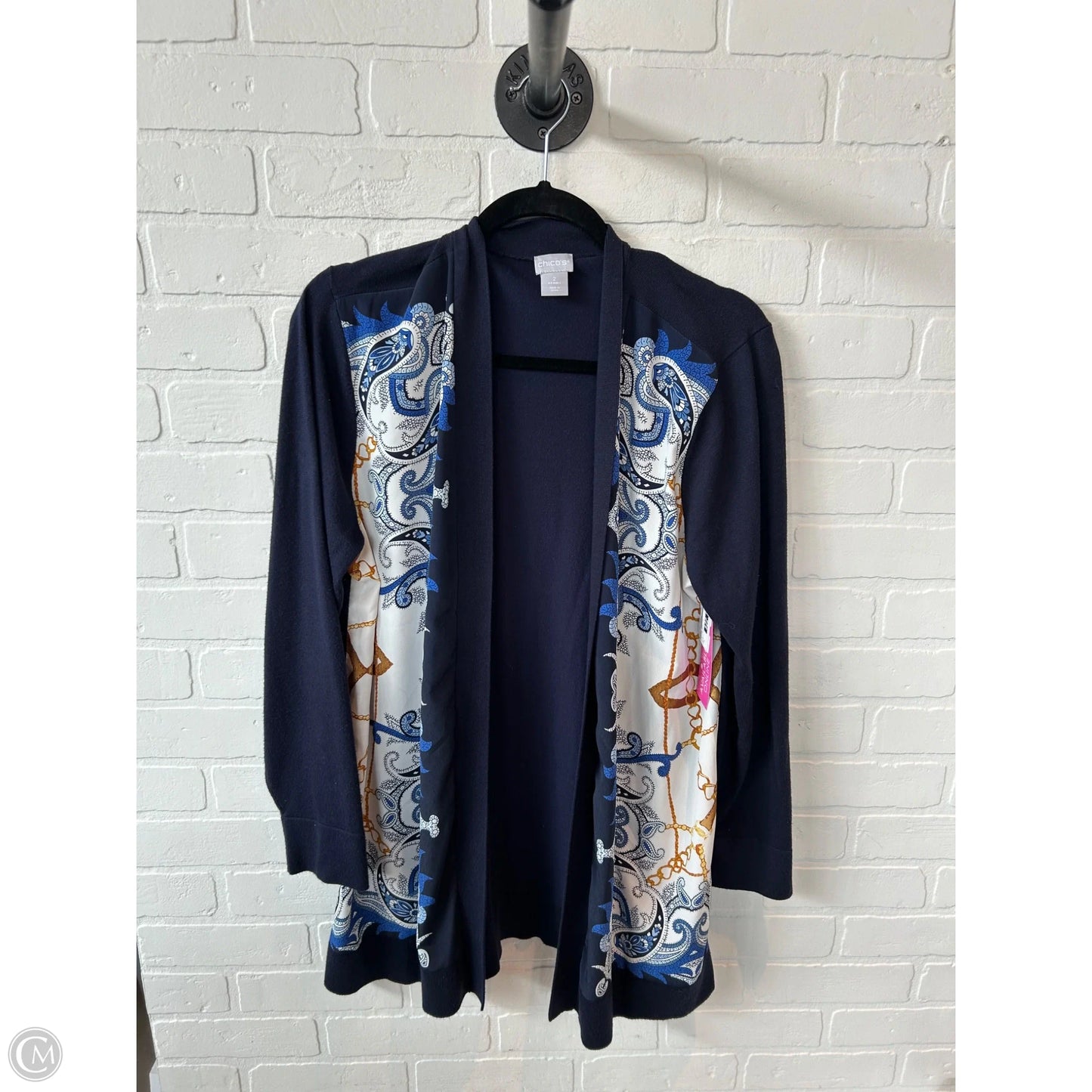 Sweater Cardigan By Chicos In Blue & White, Size: L