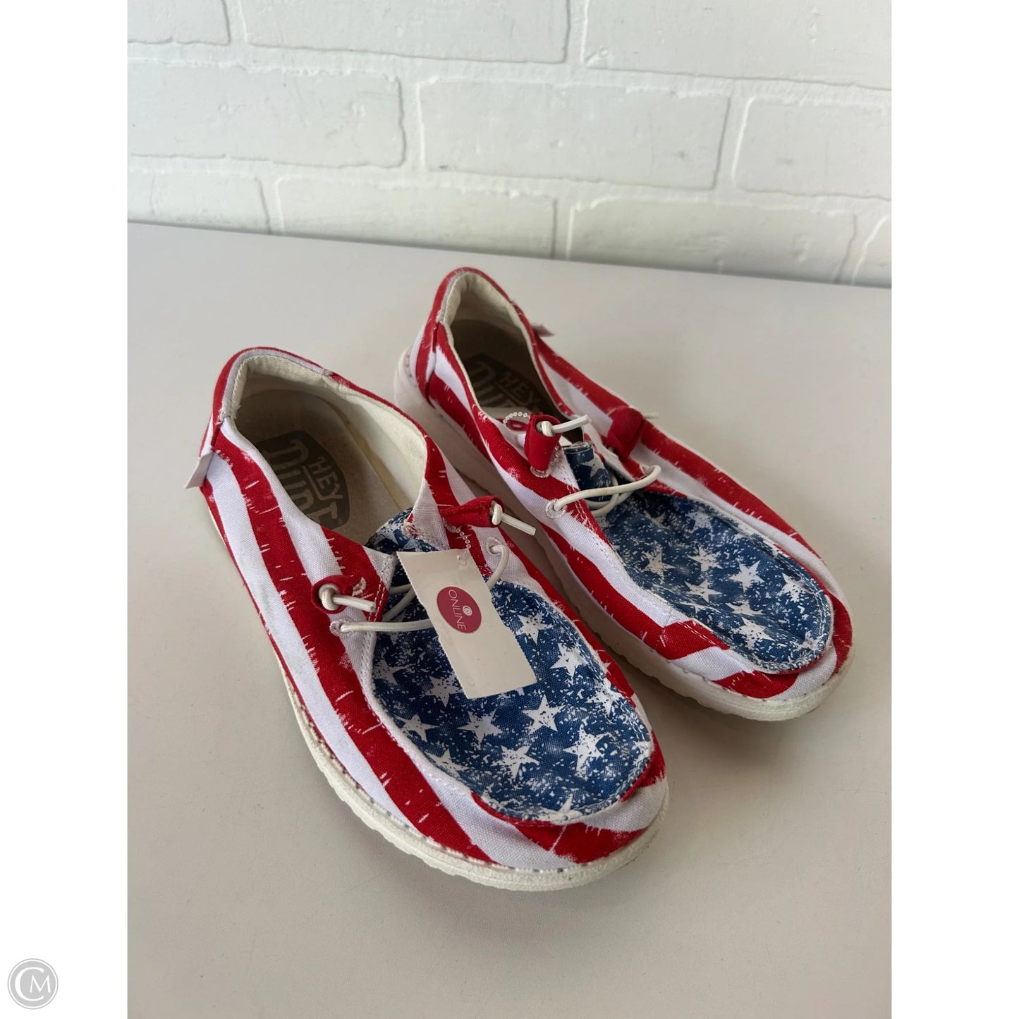 Shoes Sneakers By Hey Dude In Blue & Red & White, Size: 7