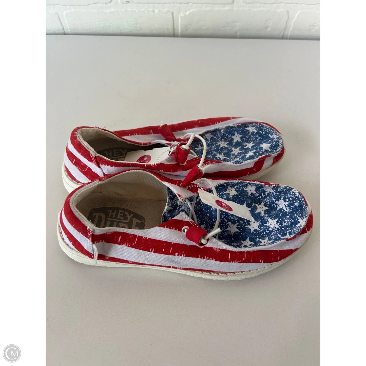 Shoes Sneakers By Hey Dude In Blue & Red & White, Size: 7