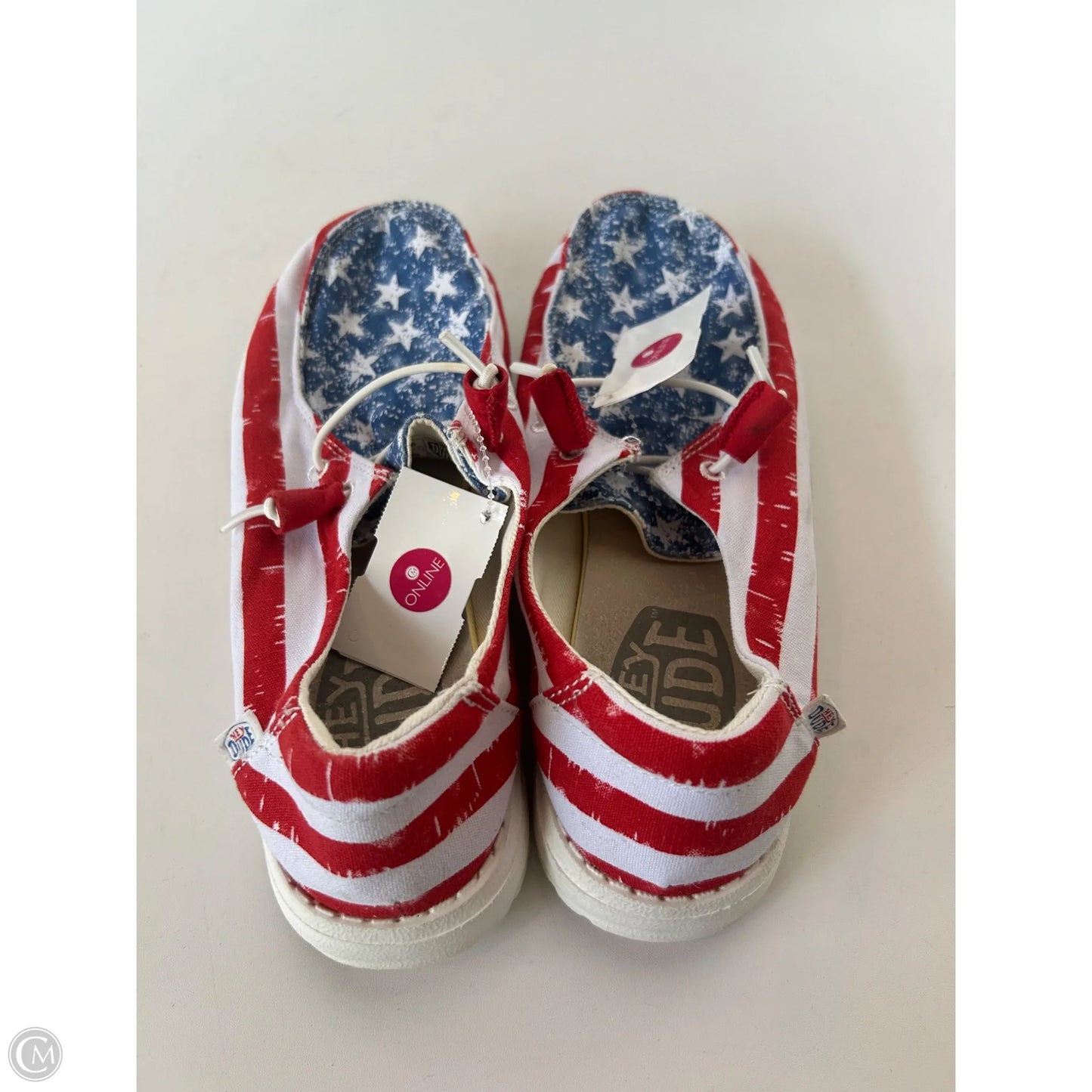 Shoes Sneakers By Hey Dude In Blue & Red & White, Size: 7