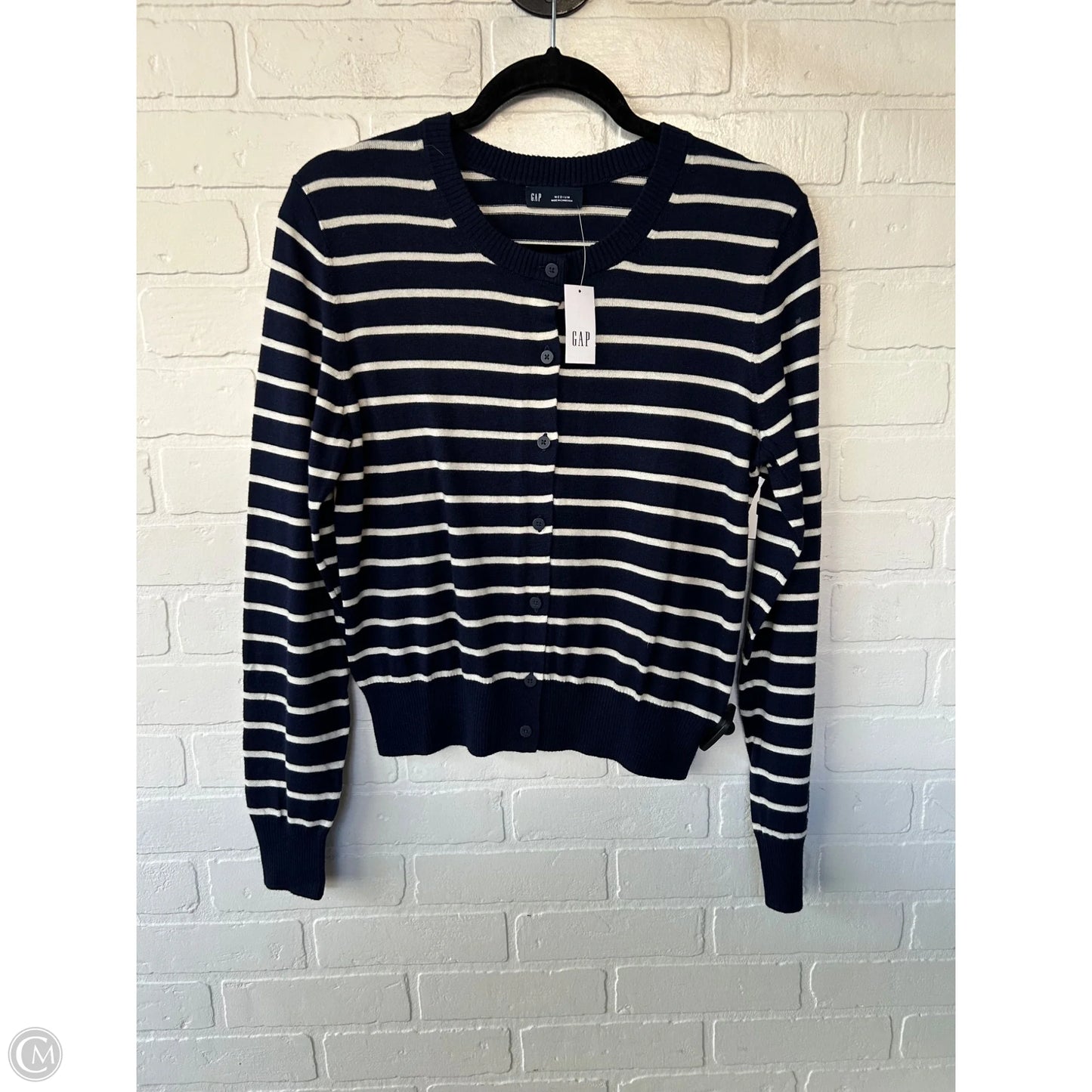 Sweater Cardigan By Gap In Blue & White, Size: M