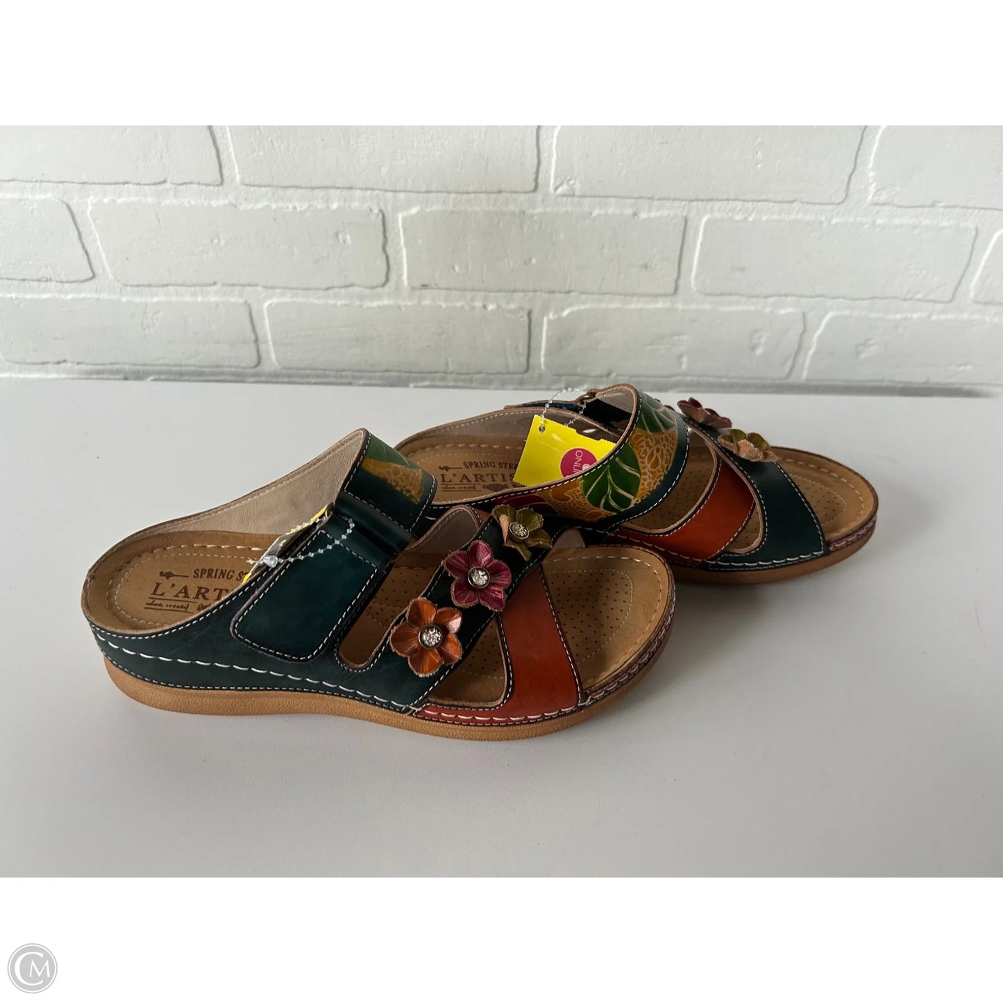 Sandals Heels Block By Spring Step In Green & Orange, Size: 8.5