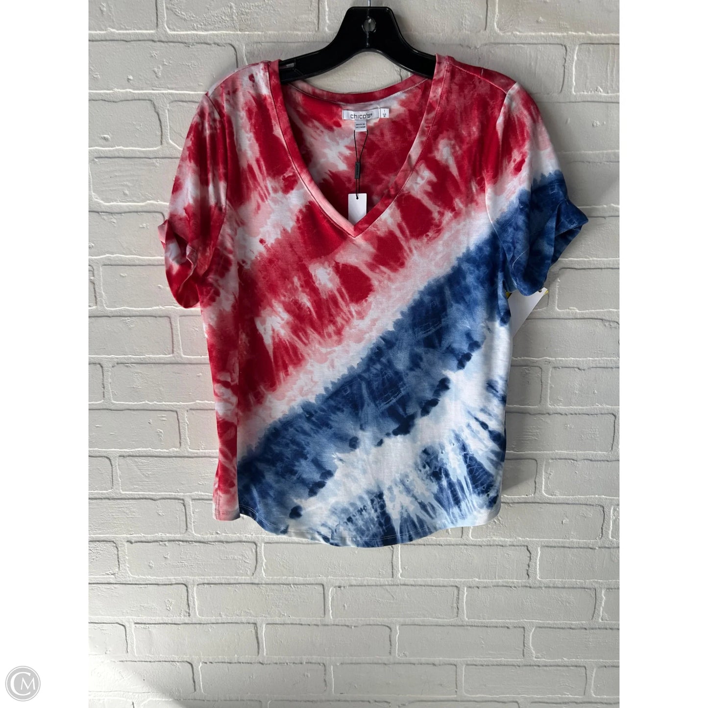 Top Short Sleeve By Chicos In Blue & Red & White, Size: M