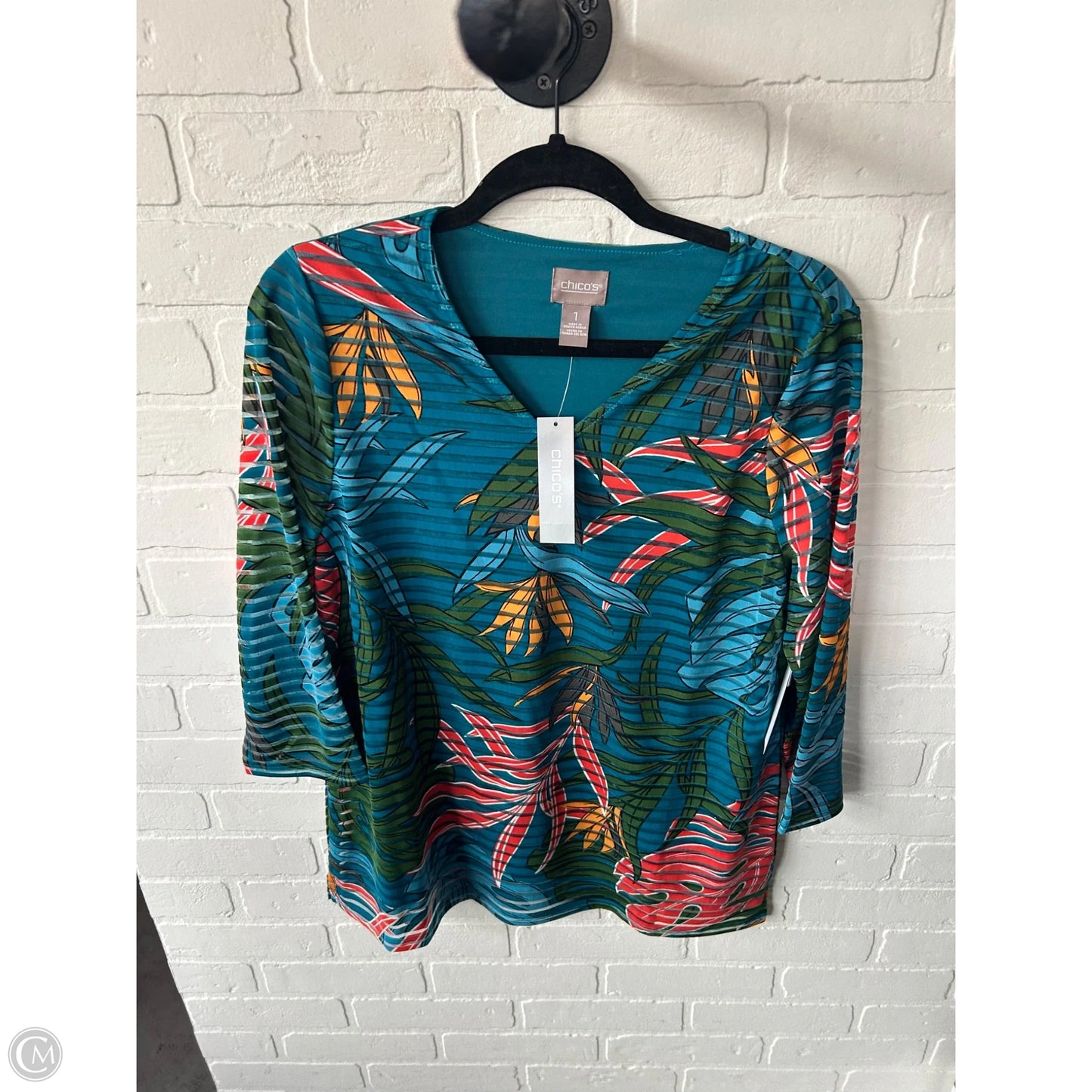 Top 3/4 Sleeve By Chicos In Blue & Green, Size: M