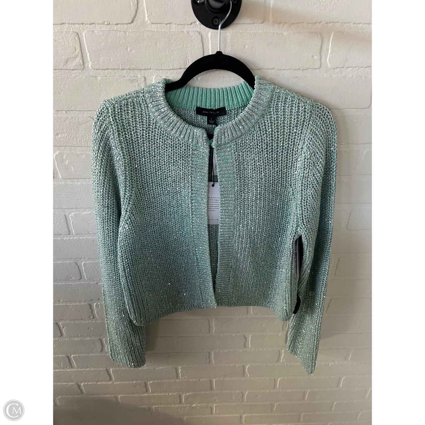 Sweater Cardigan By Ann Taylor In Blue & Silver, Size: L