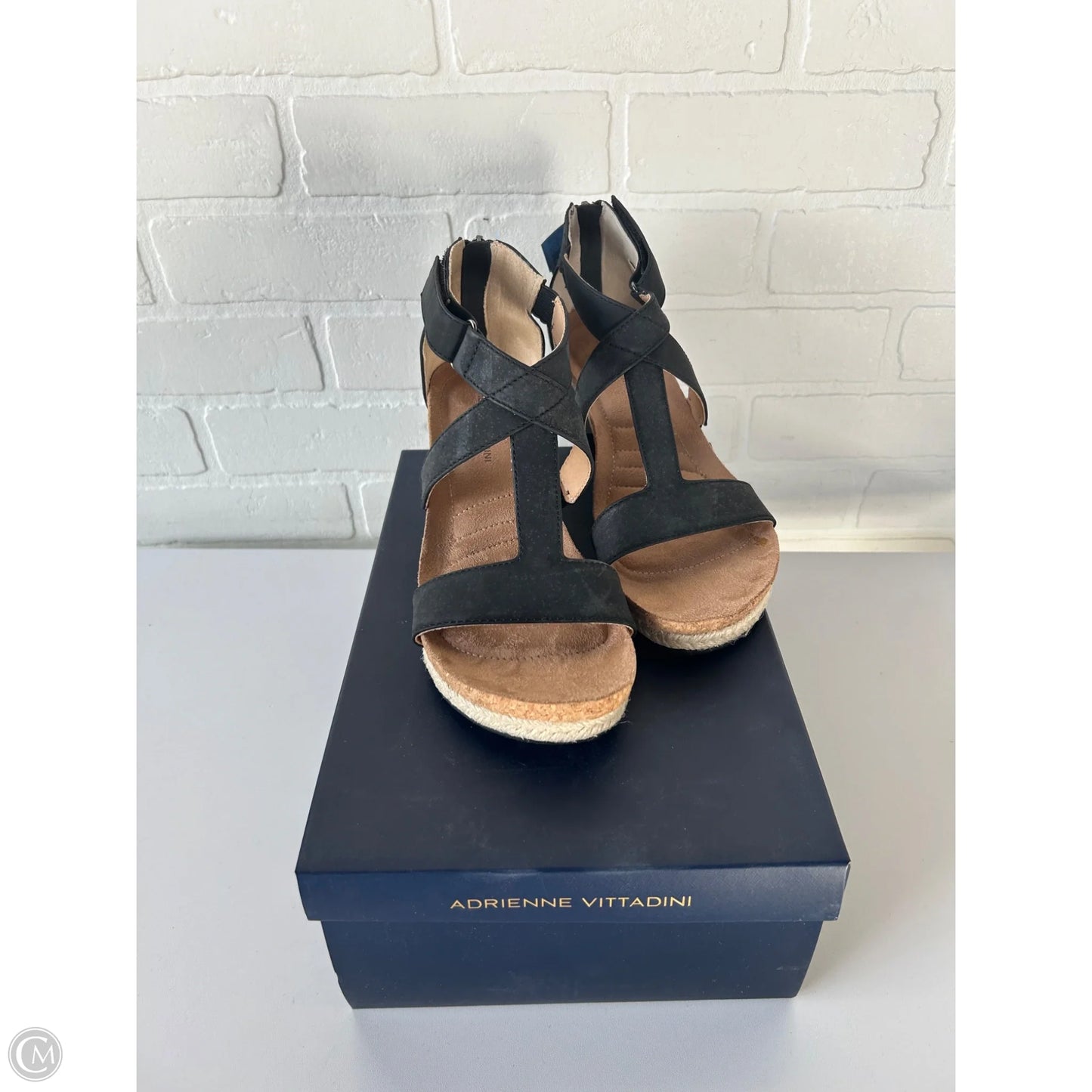 Sandals Heels Wedge By Adrienne Vittadini In Black & Tan, Size: 8.5