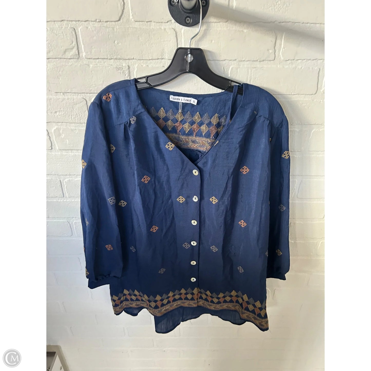 Top 3/4 Sleeve By Figuero & Flower In Blue & Grey, Size: Xl