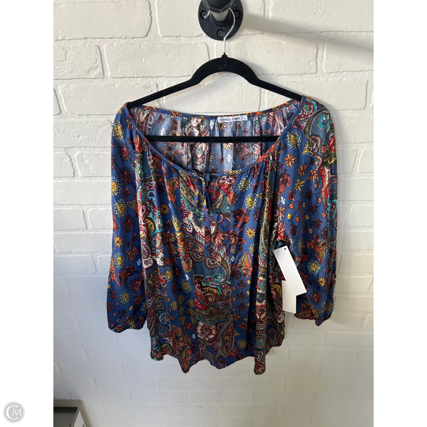 Top 3/4 Sleeve By Figuero & Flower In Blue & Orange, Size: L
