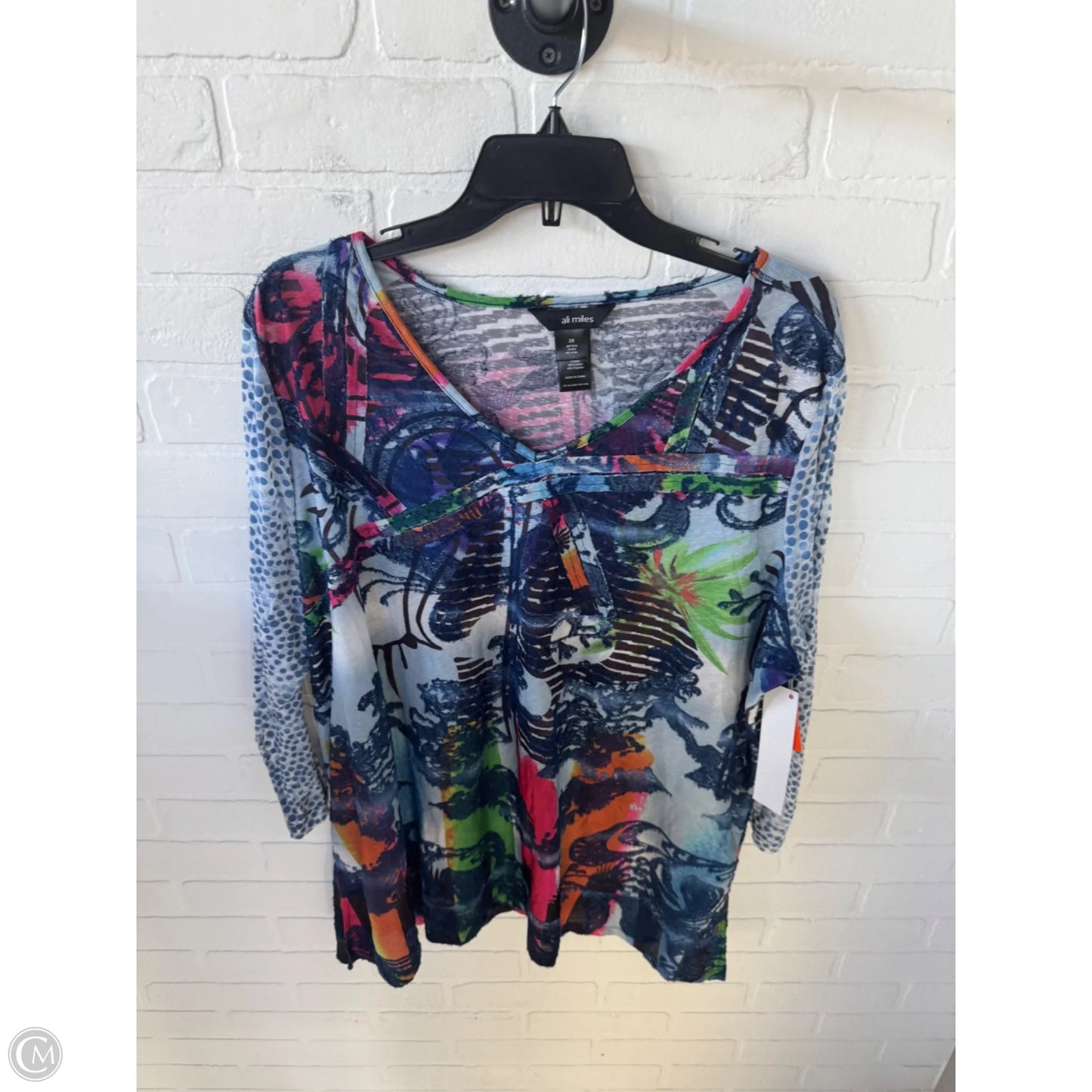 Top 3/4 Sleeve By Ali Miles In Blue & Orange, Size: 2x