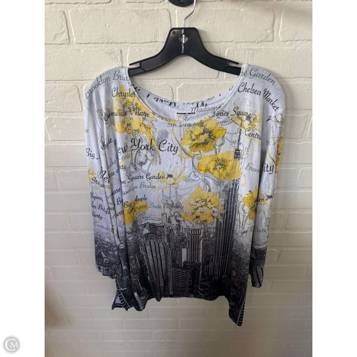 Top 3/4 Sleeve By Allison Daley In Grey & Yellow, Size: 2x