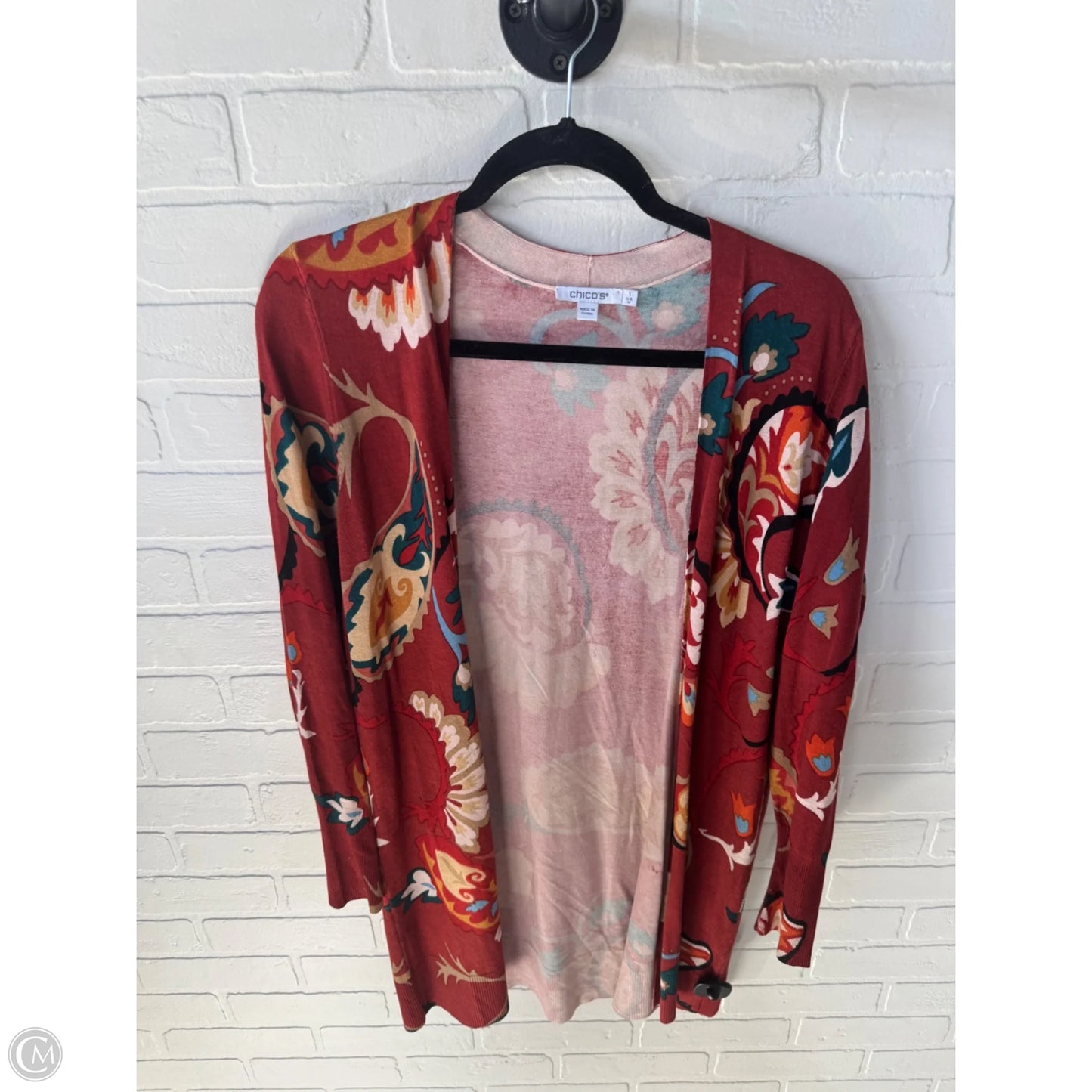 Sweater Cardigan By Chicos In Red & Yellow, Size: M