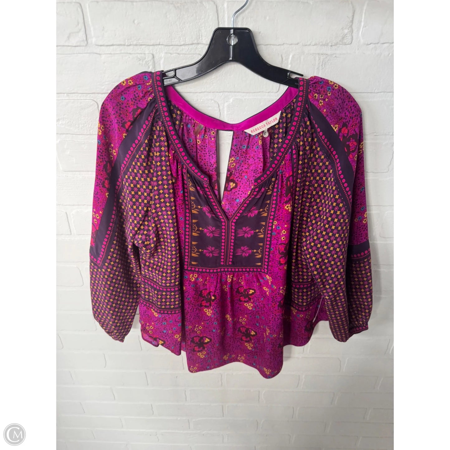 Top 3/4 Sleeve By Rebecca Taylor In Purple & Yellow, Size: M