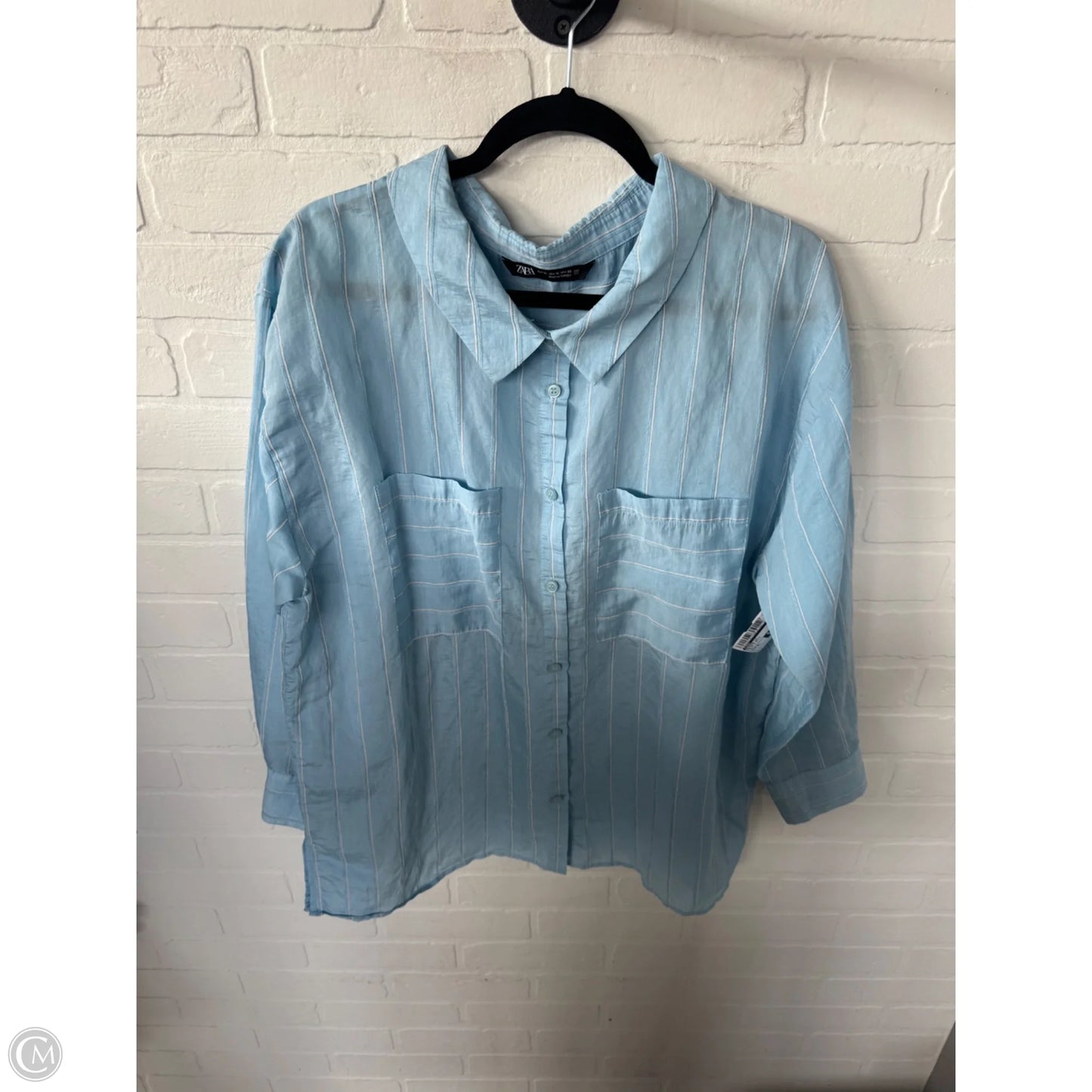 Blouse Long Sleeve By Zara In Blue & White, Size: Xl