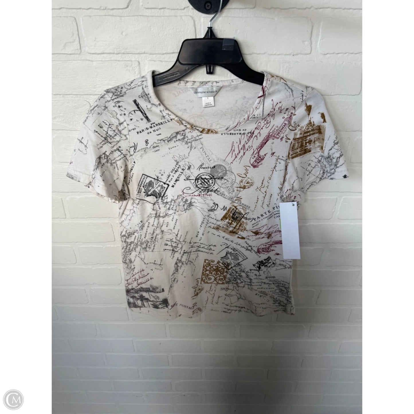 Top Short Sleeve By Christopher And Banks In Tan & White, Size: S