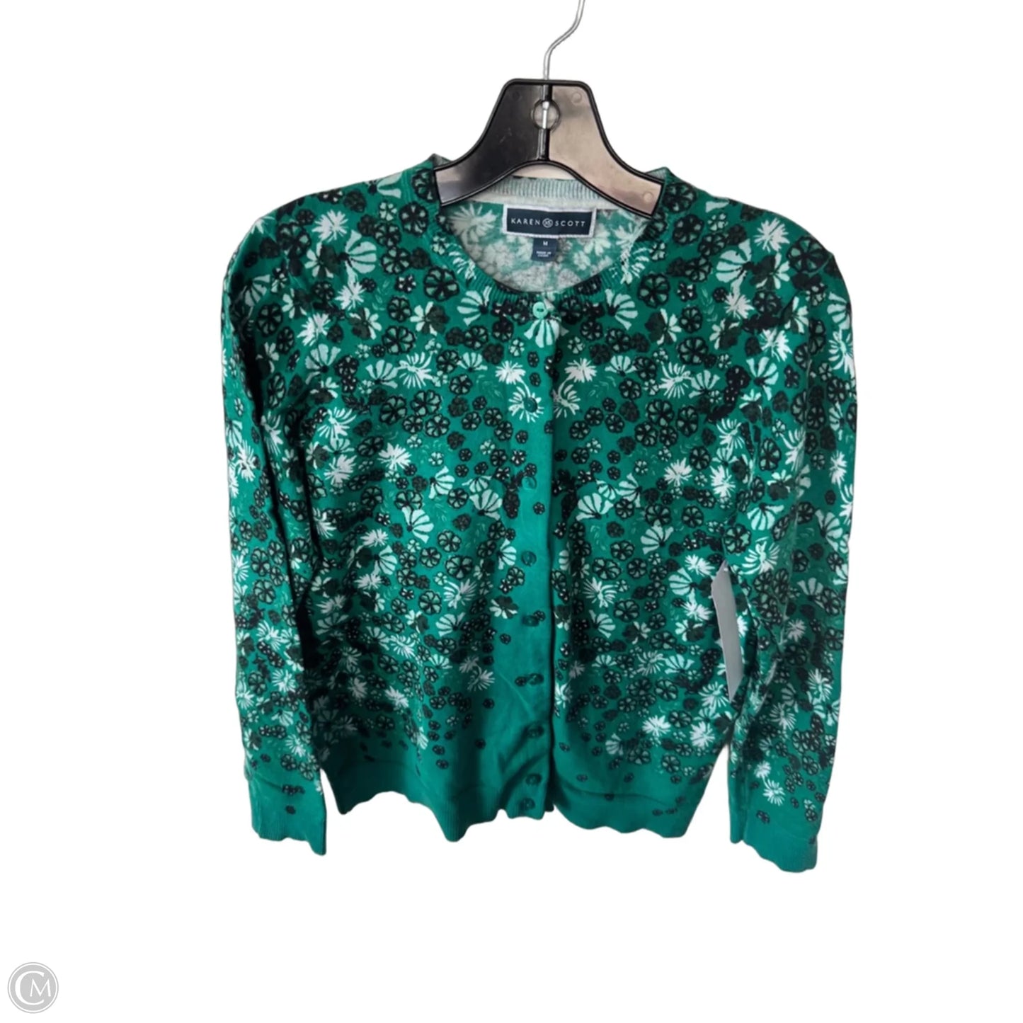 Sweater Cardigan By Karen Scott In Green & White, Size: M