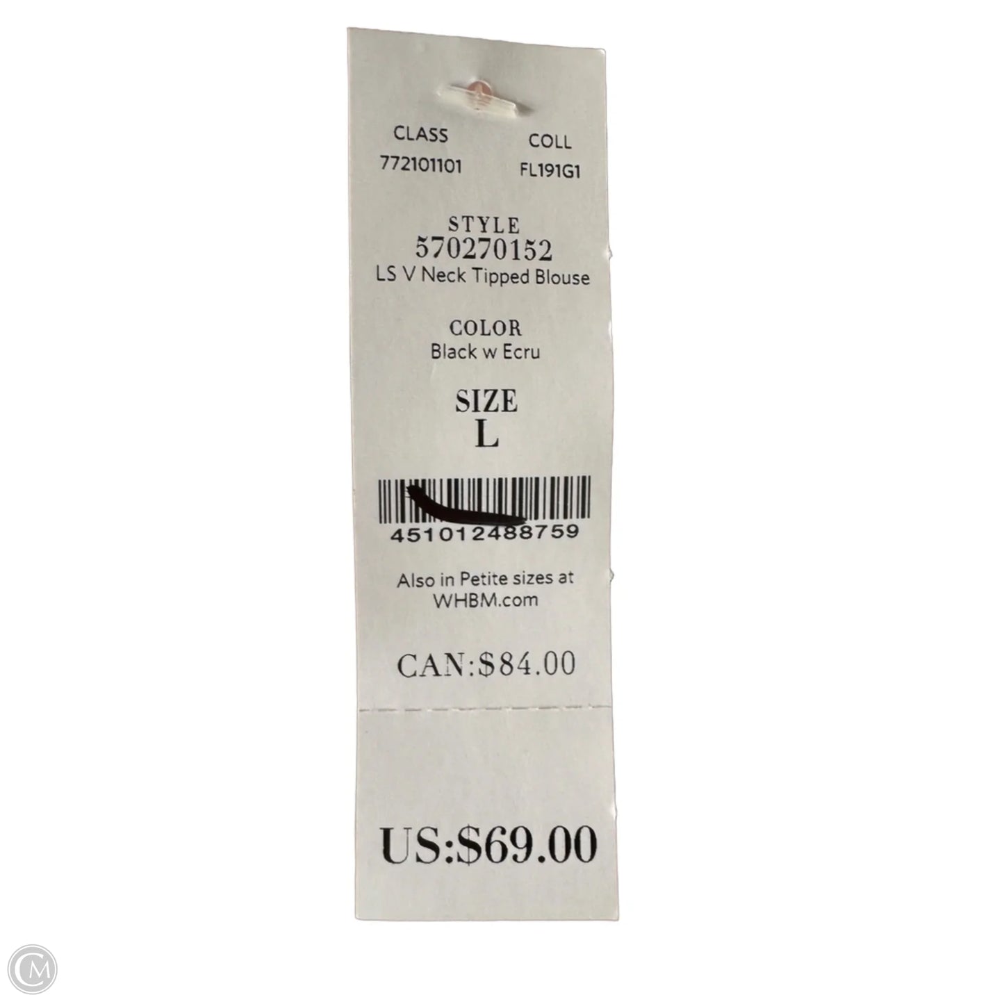 Top Long Sleeve By White House Black Market In Black & White, Size: L