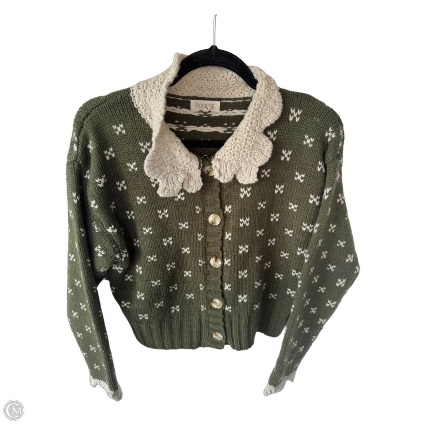 Sweater Cardigan By Roolee In Green & White, Size: S