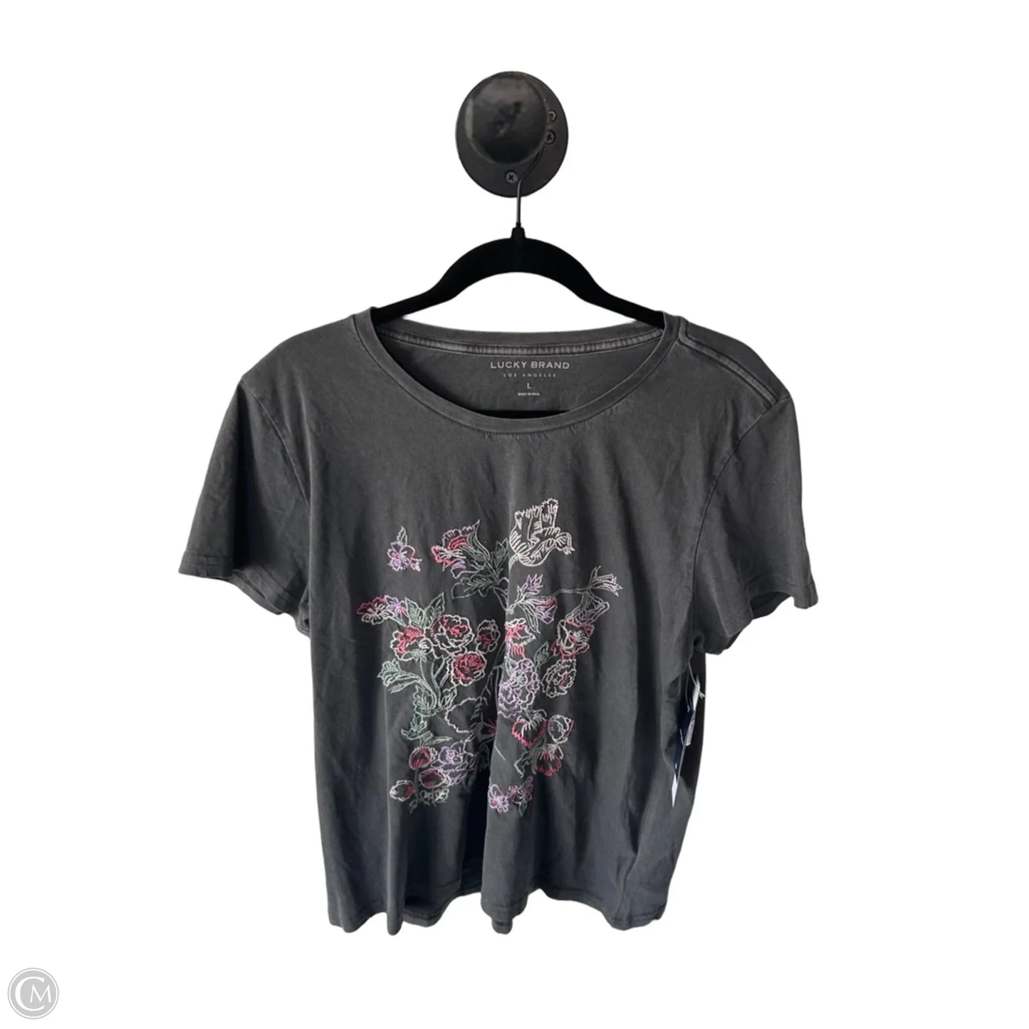 Top Short Sleeve By Lucky Brand In Grey & Pink, Size: L