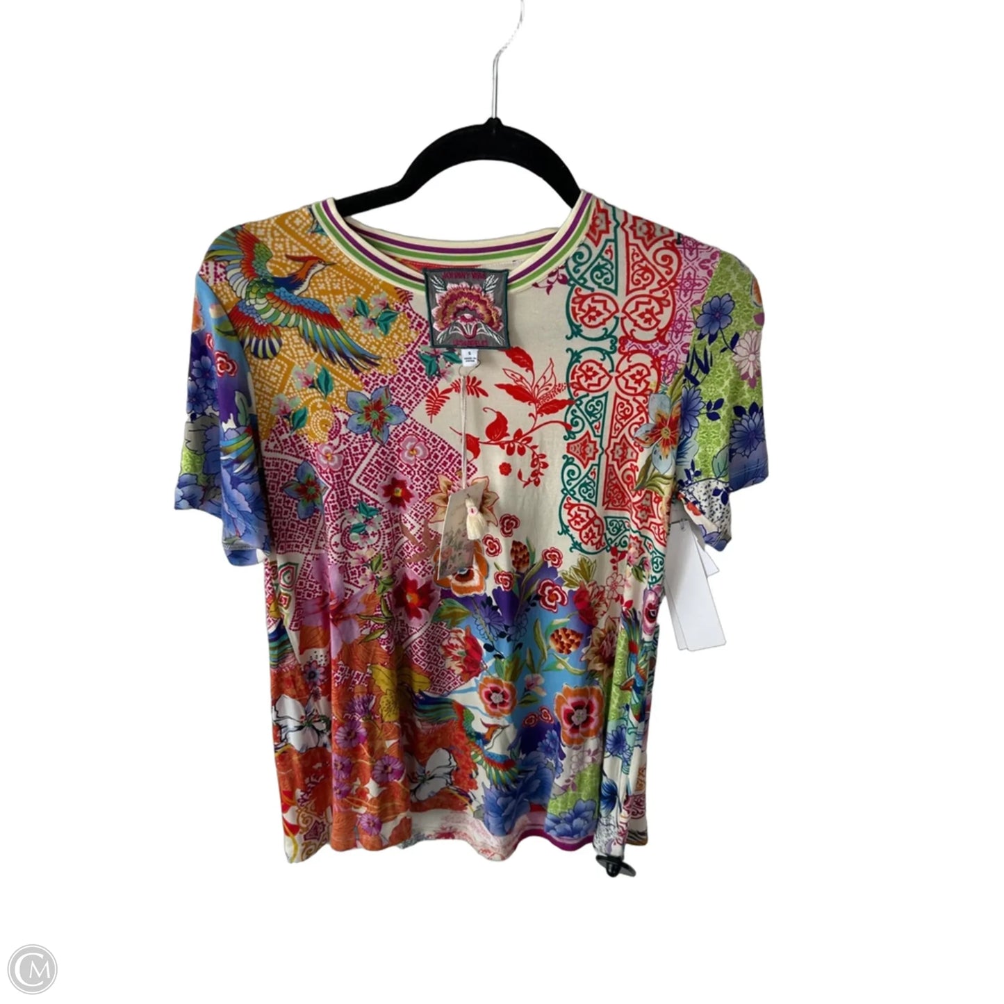 Top Short Sleeve Designer By Johnny Was In Cream & Purple, Size: S