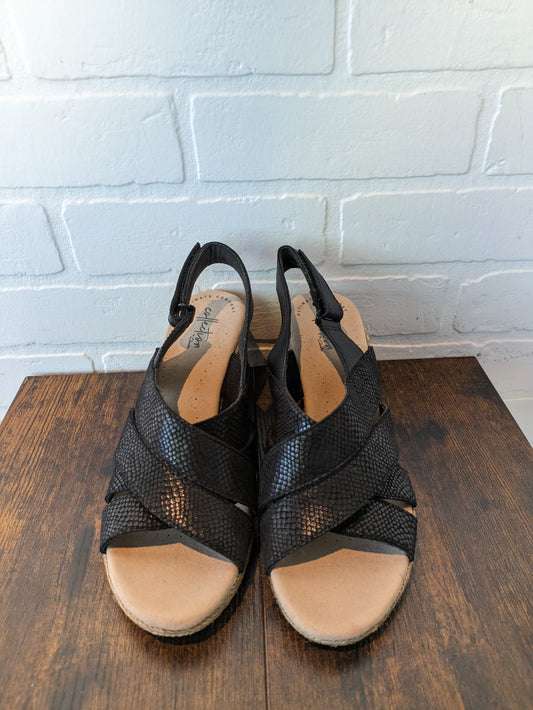 Black Sandals Heels Wedge Clarks, Size 9