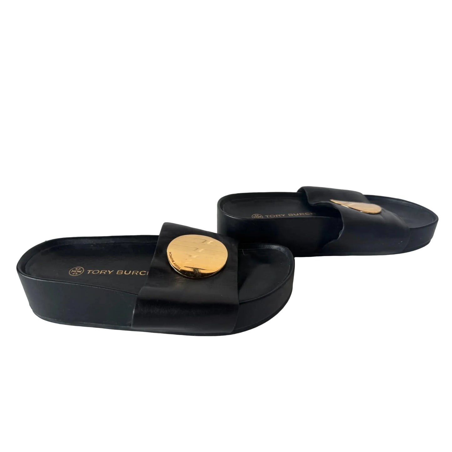 Sandals Designer By Tory Burch In Black & Gold, Size: 6.5