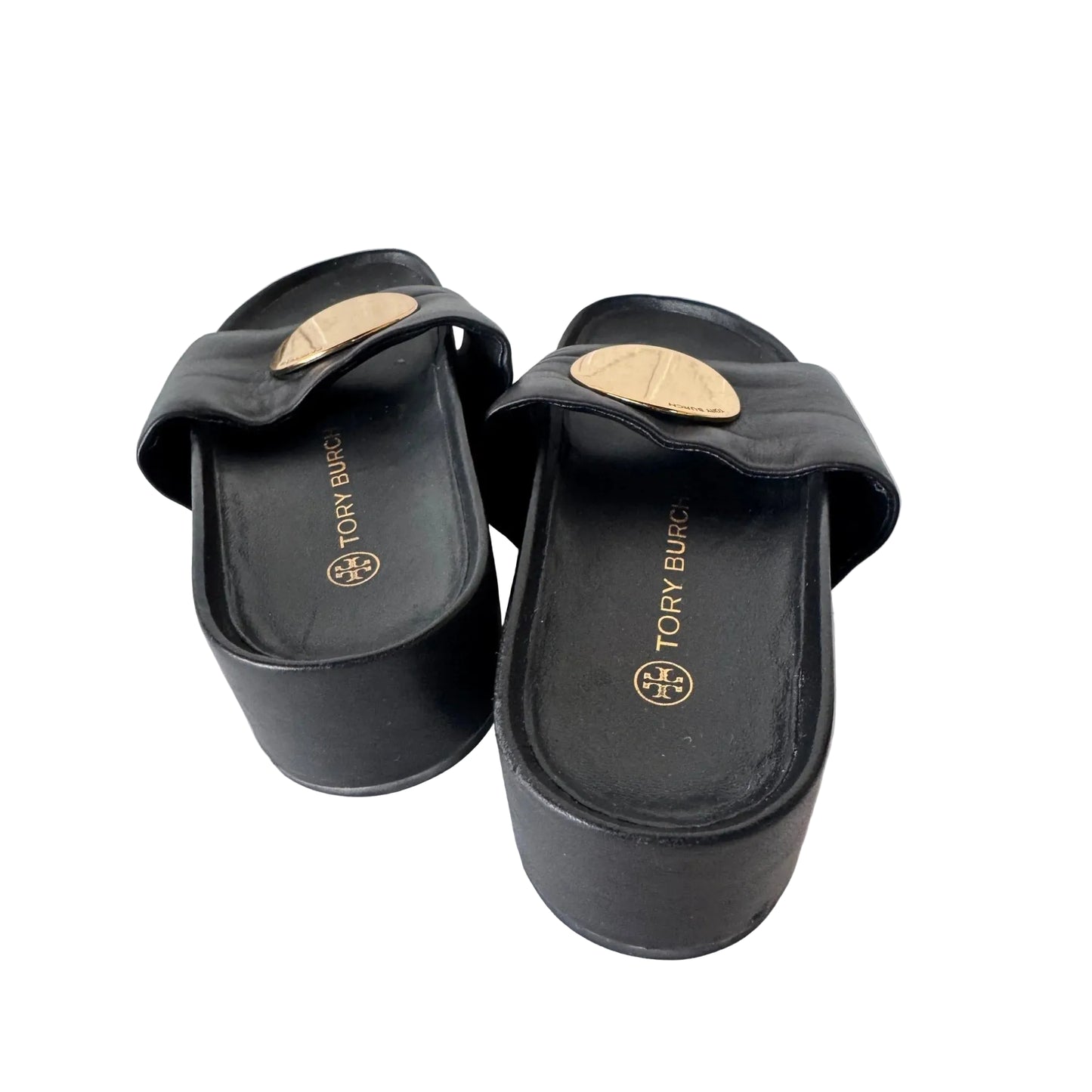 Sandals Designer By Tory Burch In Black & Gold, Size: 6.5