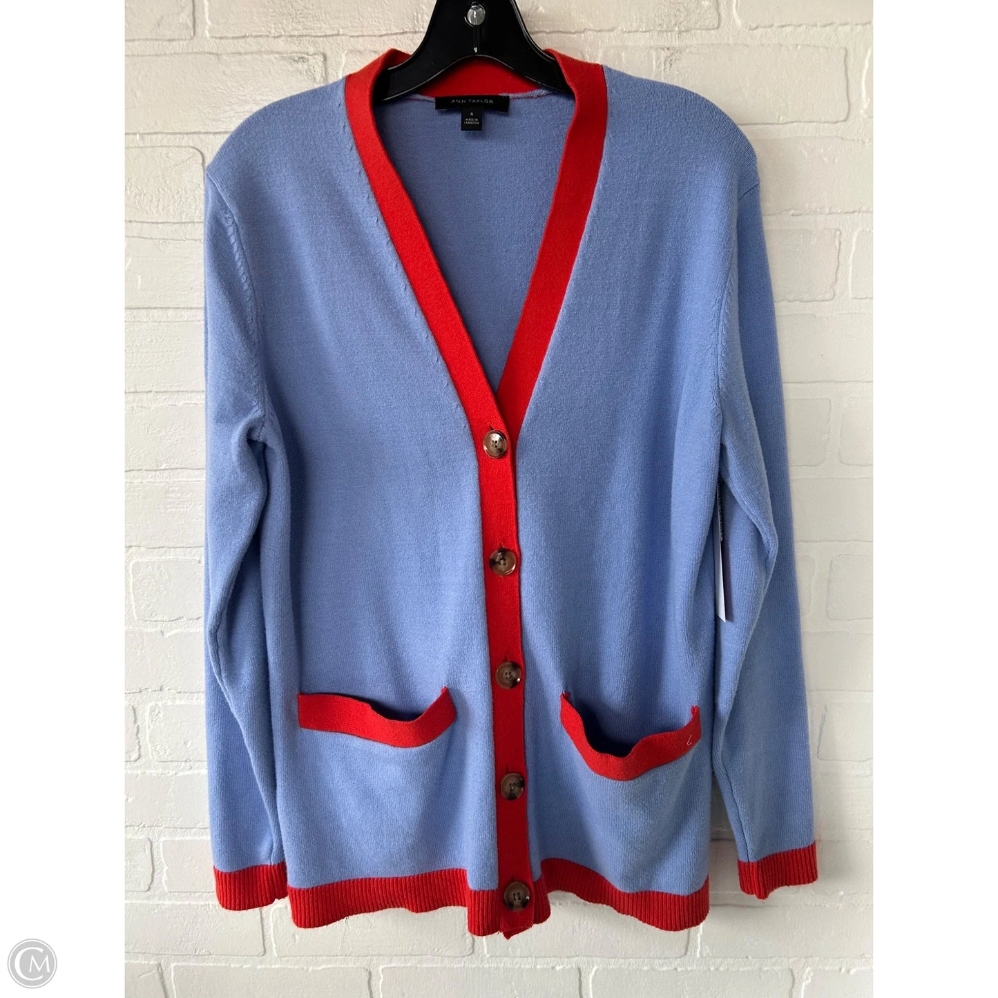 Sweater Cardigan By Ann Taylor In Blue & Red, Size: M