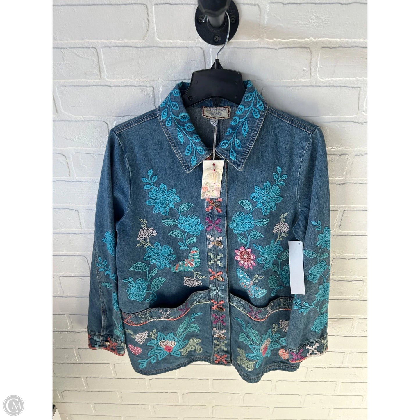 Jacket Designer By Johnny Was In Blue Denim, Size: M