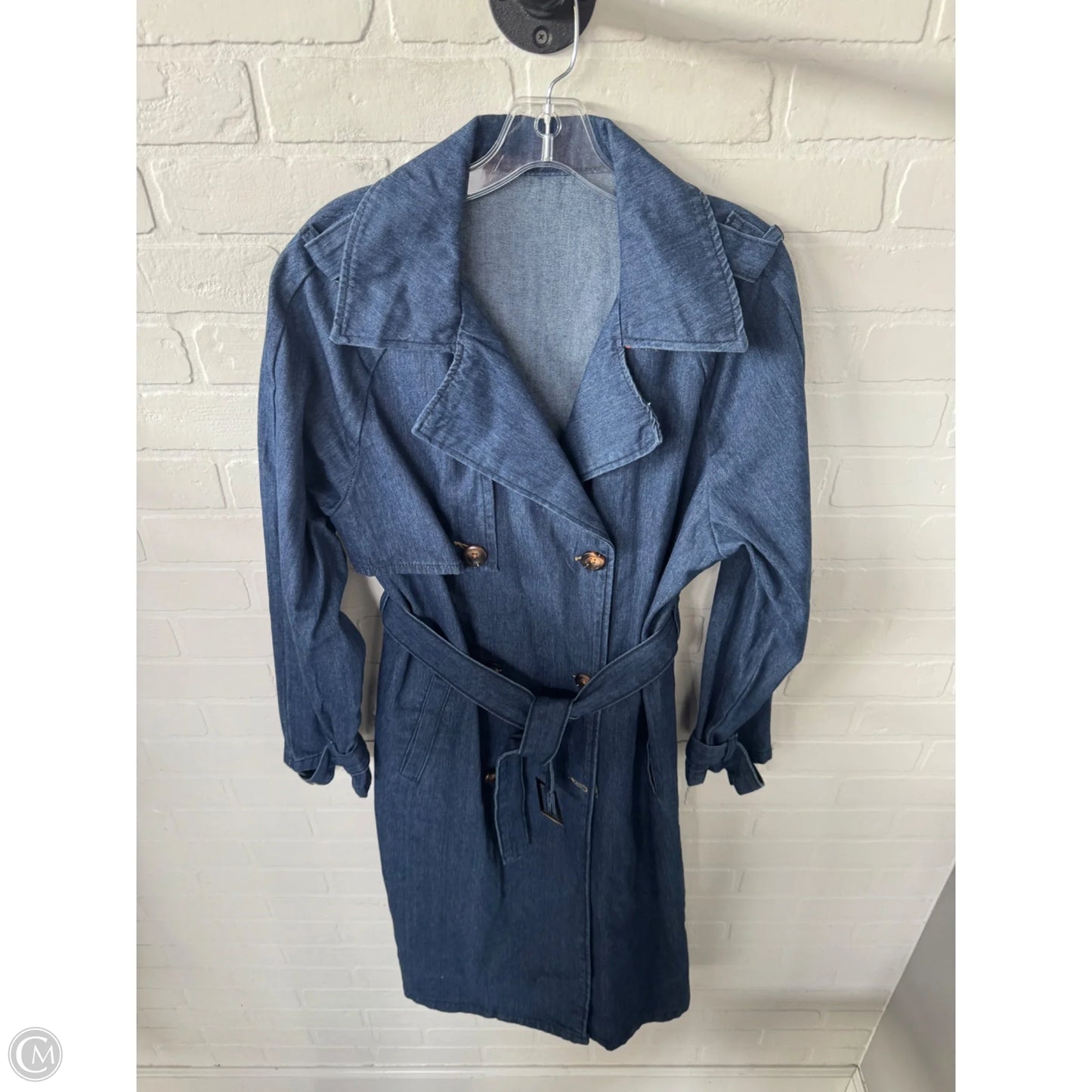 Coat Trench Coat By Clothes Mentor In Blue Denim, Size: S