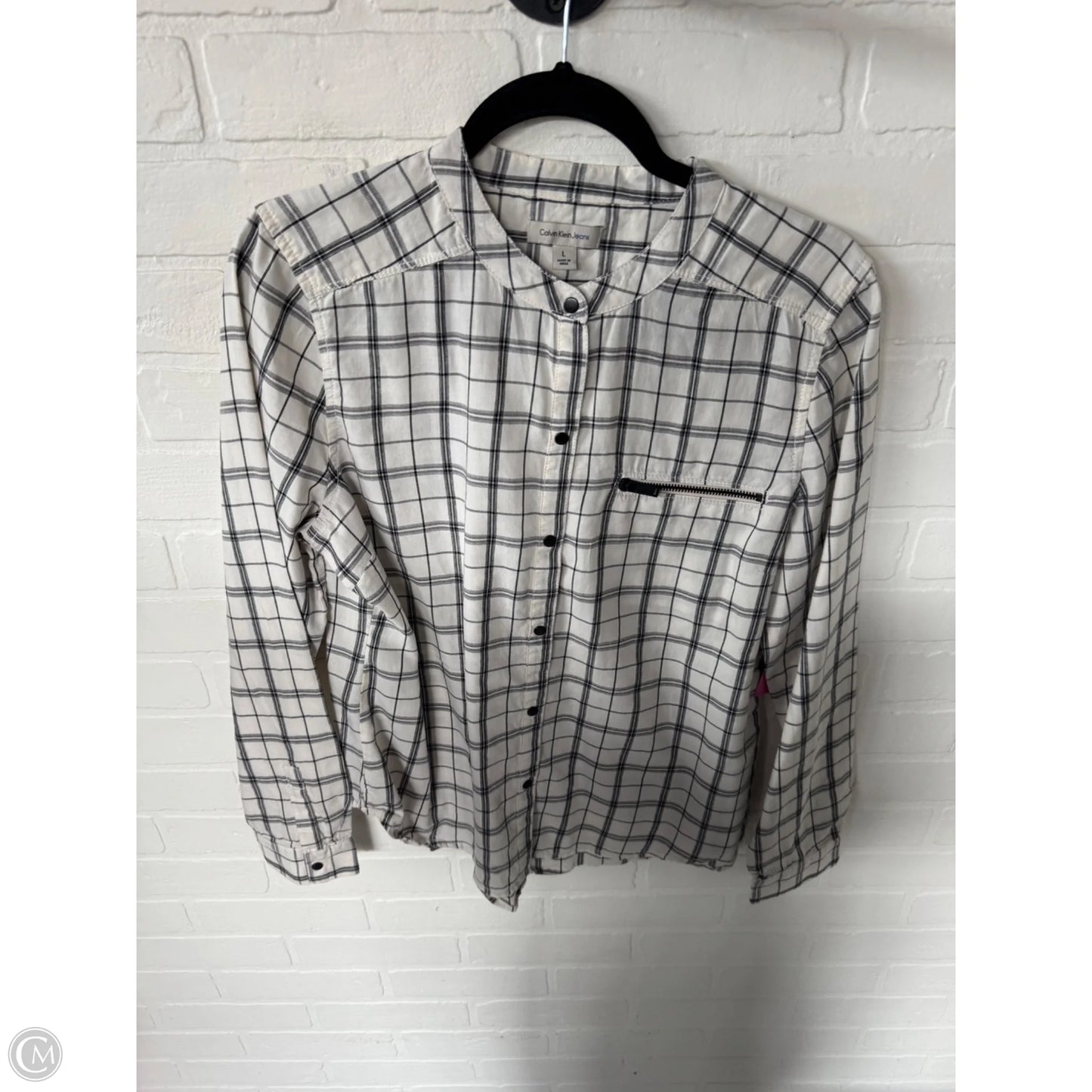 Top Long Sleeve By Calvin Klein In Black & Cream, Size: L