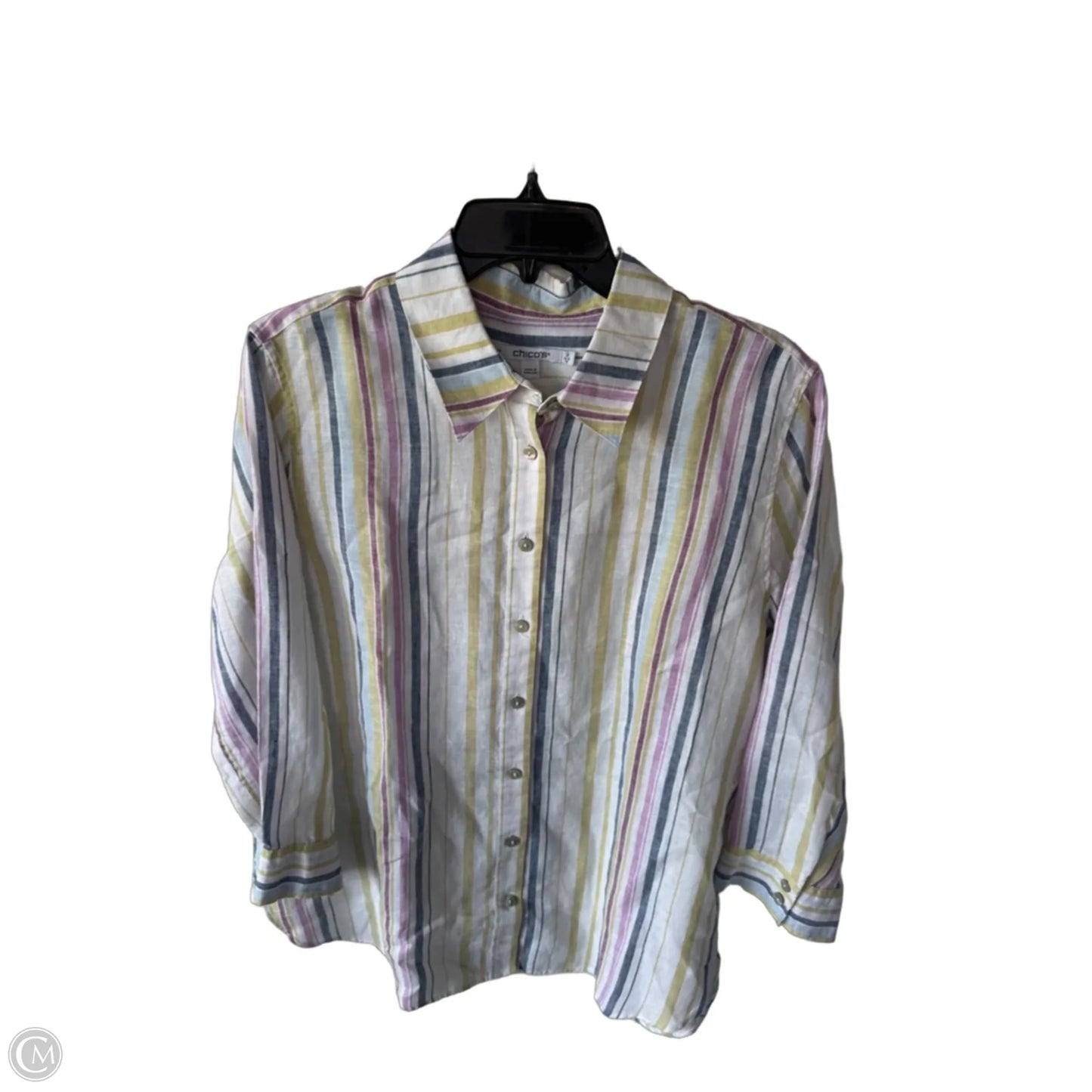 Top 3/4 Sleeve By Chicos In Blue & White, Size: L