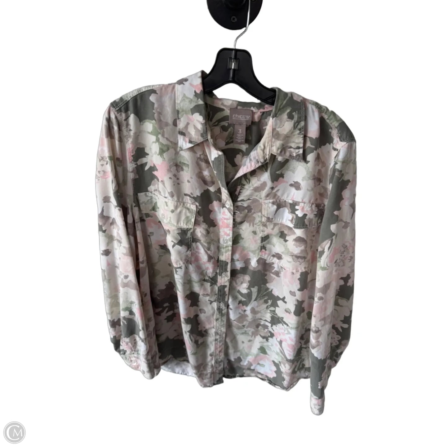 Top Long Sleeve By Chicos In Cream & Green, Size: Xl