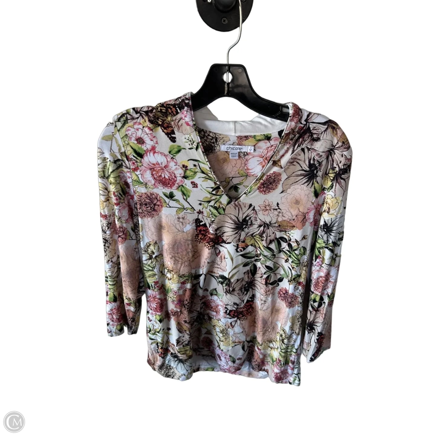 Top 3/4 Sleeve By Chicos In Cream & Green, Size: M