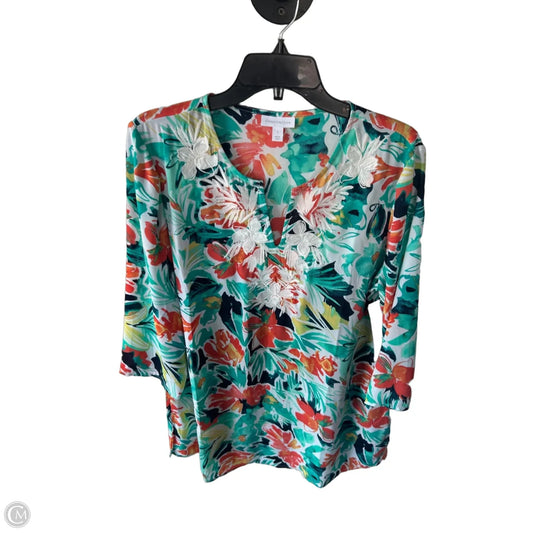 Top 3/4 Sleeve By Charter Club In Green & Orange, Size: L